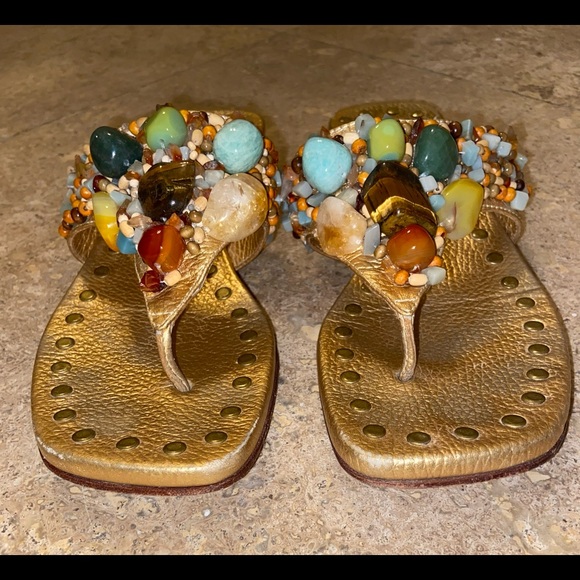 Bridget Shuster RARE Gold Leather Sandals Studded & Jeweled with Stones Size 7 - Picture 3 of 7